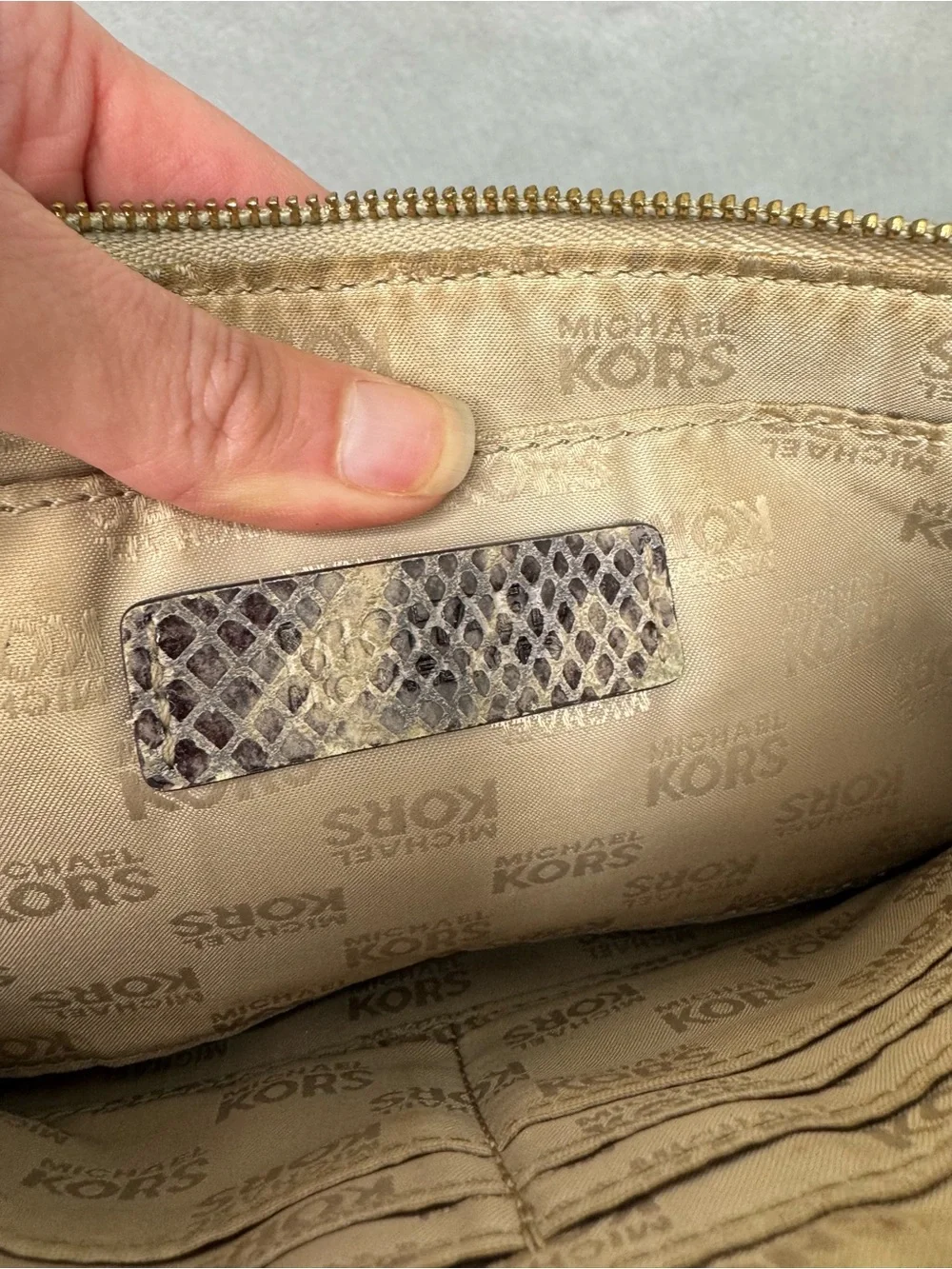 Michael Kors Snakeskin Python Embossed Leather Wristlet Clutch Gold Logo